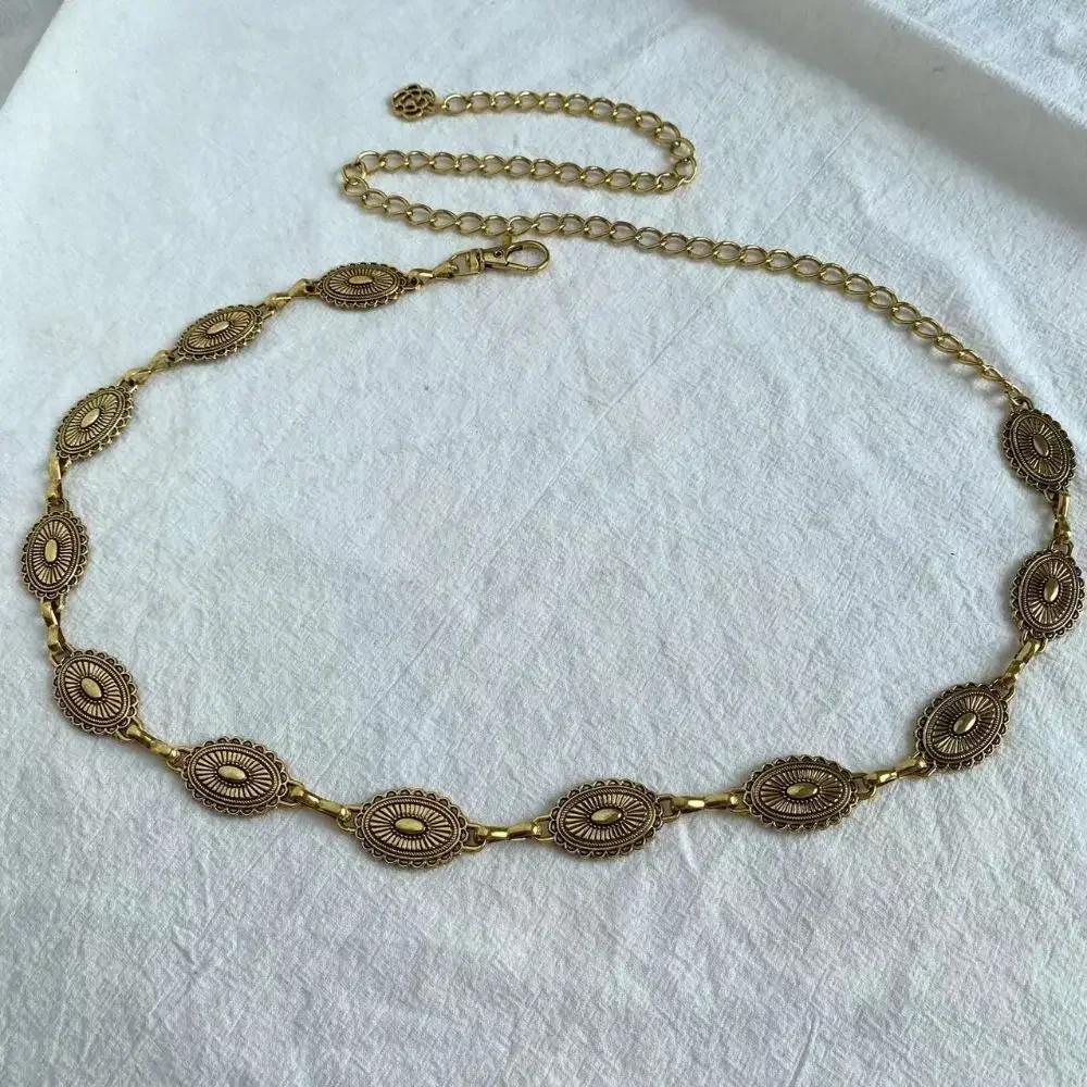 Fashion Metal Women's Waist Chain Adjustable Durable Retro Waist Chain Gold/Silver Carved Chain Belt