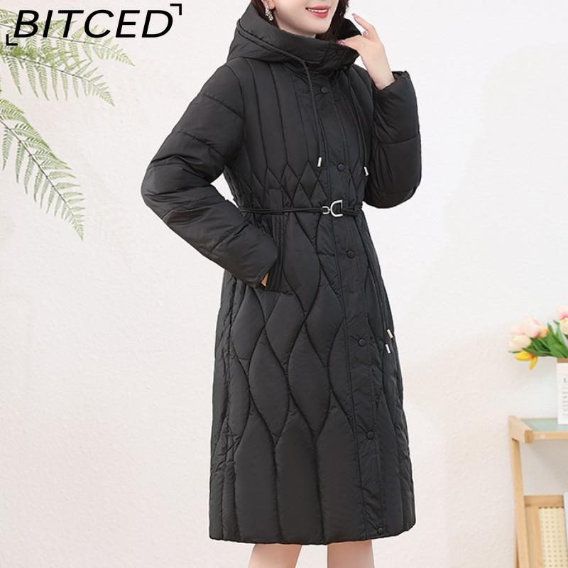 BITCED Women's Long-Length Winter Coat with Hood and Drawstring Waistband Fitted and Flattering Silhouette for a Slimming Effect