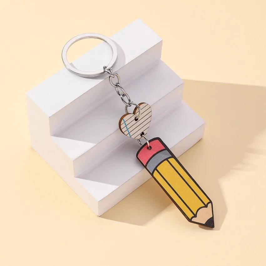 Creative Cartoon Pencil Keychains Wooden Colorful Pencil Heart-shaped Tag Keychains Present for Students Teachers
