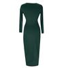 Womens Temperament Color V-Neck Pleated Hip Slit Long Sleeve Dress