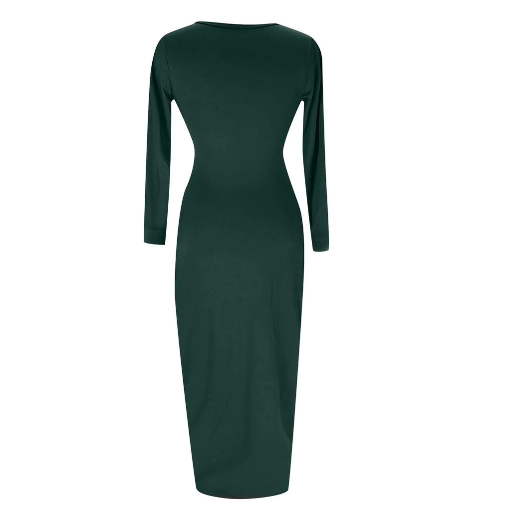 Womens Temperament Color V-Neck Pleated Hip Slit Long Sleeve Dress