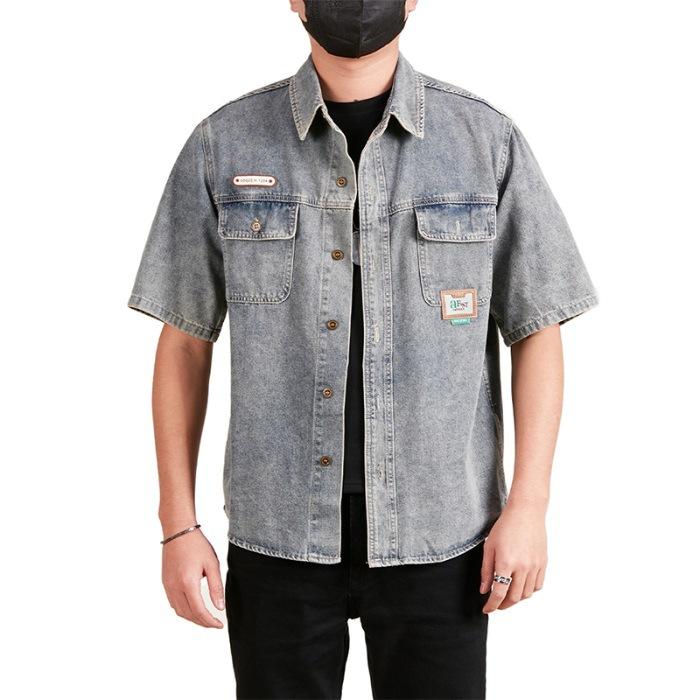 

Ретро джинсовая рубашка с коротким рукавом, свободная куртка, мужская весенняя новинка, с рукавом до локтя, красивая одежда в дюймах 5XL