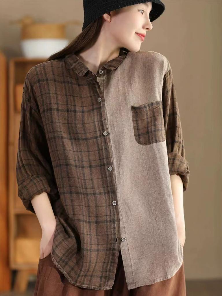 Johnature Woman Autumn Vintage Check Urn Down Collar Shirt Matching Single Breasted Long Sleeves Shirt