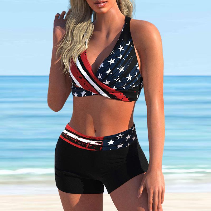 Dámské plavky s popruhem přes rameno Světle modré s přechodem květinovým potiskem Bikini plavky tankiny