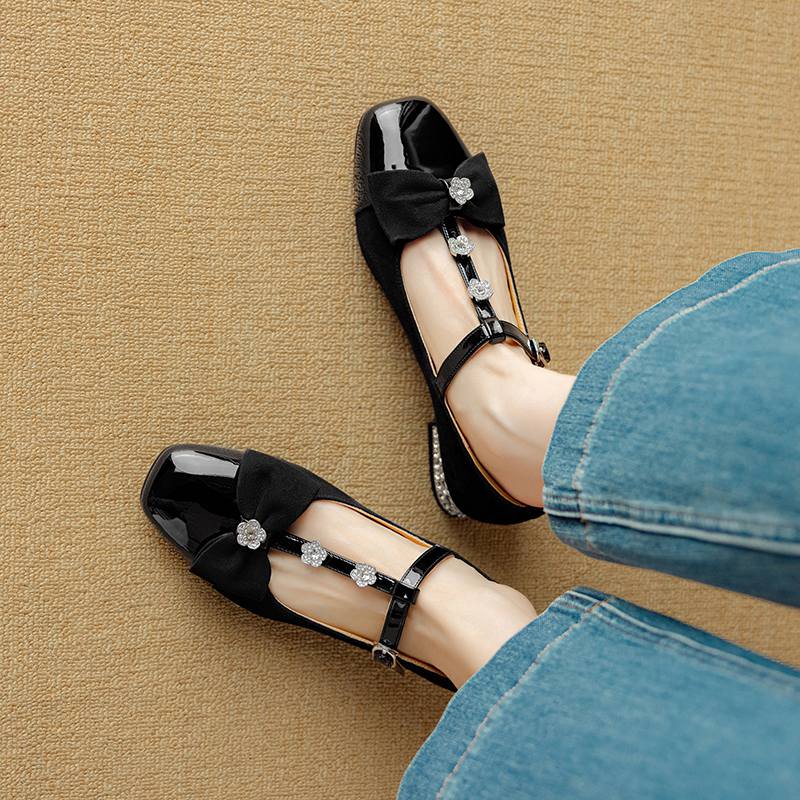 Krazing Pot Sheepskin Summer Size 40 Crystal Low Heels Butterfly-knot Rhinestone Flowers Square Toe Elegant Sweety Pumps