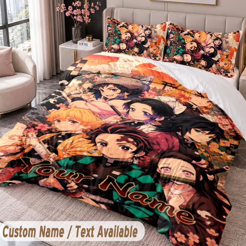 Custom Name Text 3Pcs Bedding Set Demon Slayer Duvet Cover And Two Pillowcases