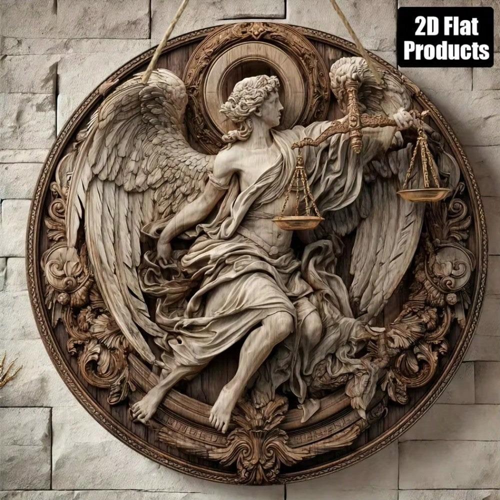 Rustic Justice Angel Round Metal Wall Art 8x8in Farmhouse Home Decor Living Room Bedroom Kitchen Bathroom Tin Sign