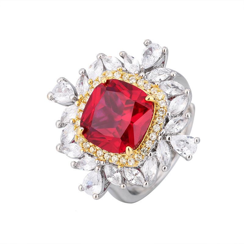 Jewelry Copper Bottom Gold-Plated Jewelry Set Simulation Color Red Corundum Treasure Retro Fat Square Set Female 10 * 10