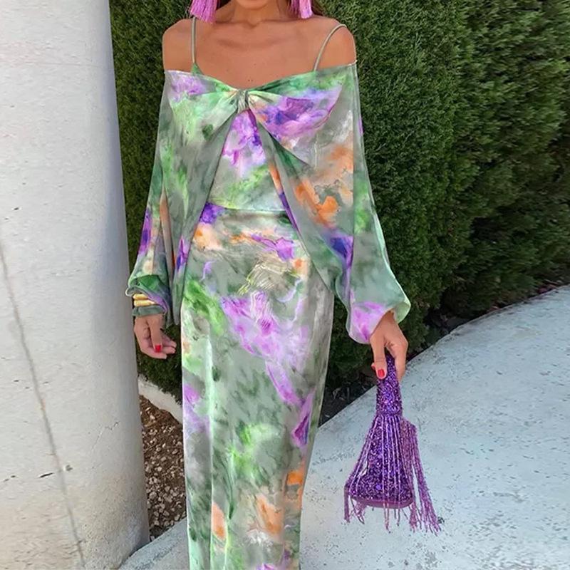 

Spring new European and American women s clothing temperament one-word shoulder tie-dye printing suspender plus shawl skirt set S зелёный