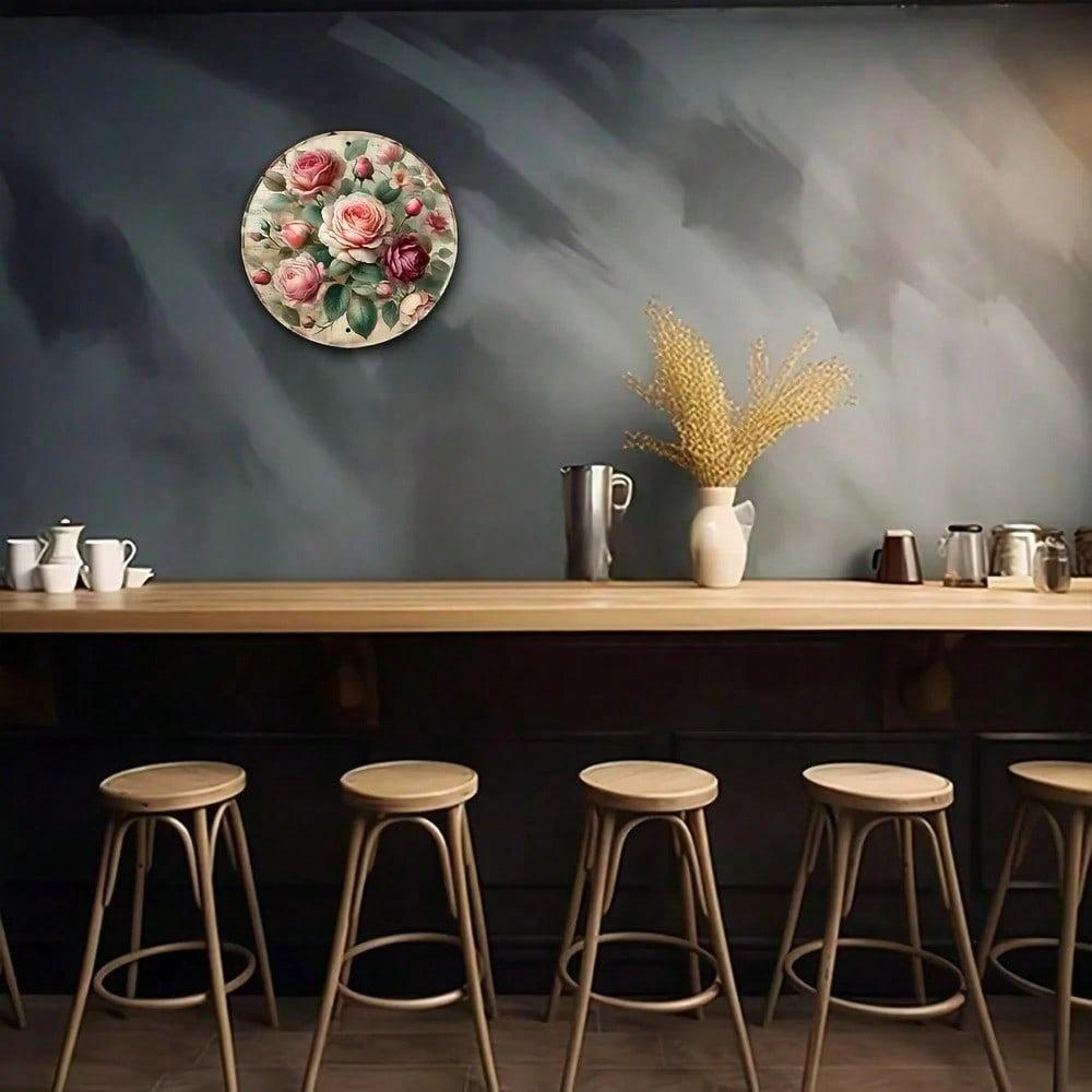Vintage Floral Tin Sign 7.87 Inch Round Metal Wall Art, Retro Home Decor for Cafe Garage, Unique Party Gift