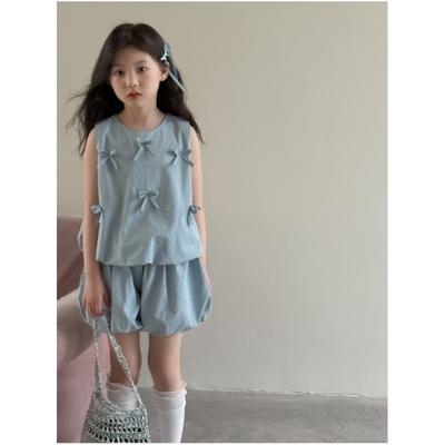 Dívčí letní set s mašlí tílko vesta + pod kalhoty design roztomilý dvoudílný set