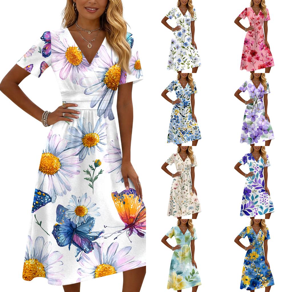 Women's Casual Fashion Floral Print Short-Sleeve V-Neck Dress