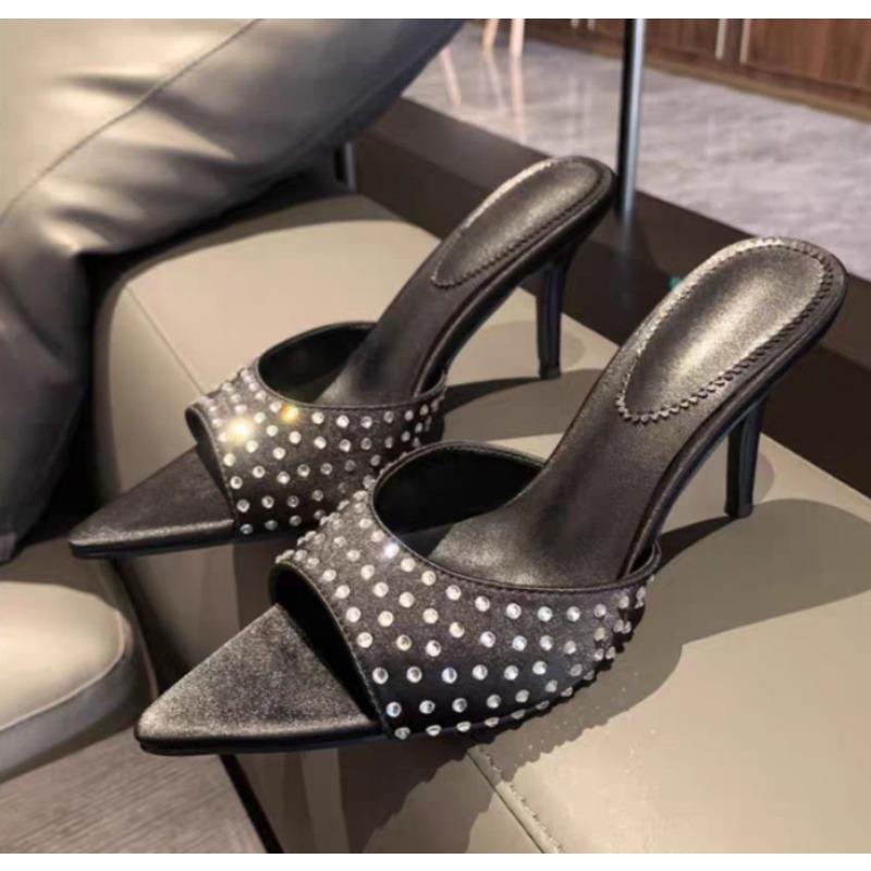 

Fashion 2025 Summer Transparent High Heels Sandals Women High Quality Luxury Rhinstones Peep Toe Sexy Prom Party Ladies Slippers 40 чёрный