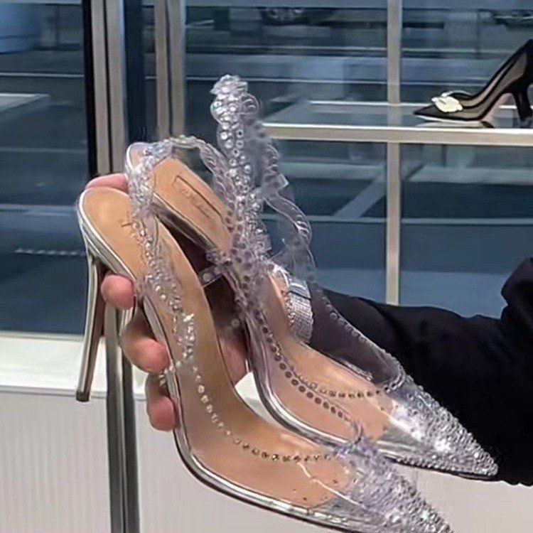 Transparent Crystal Bag Head Sandals Women's Thin Heels Summer 2025 New Rhinestone Pointed Head Shallow Mouth High Heels Empty Shoes