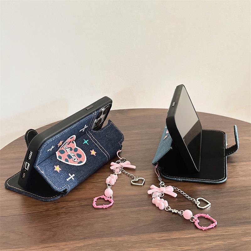 Apple 17promax denim flip phone case iphone16 lanyard love 15 for 14 embroidered protective case