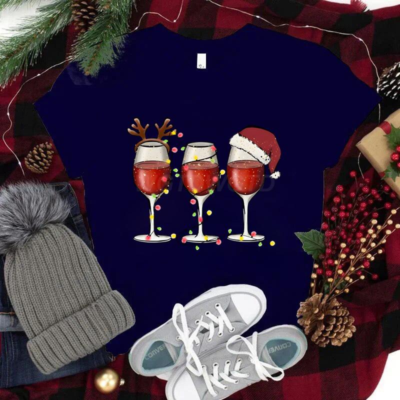 Women Wine Glass Christmas Hats T Shirt Lights Xmas Gifts Cartoon Top Happy New Year Tshirt Harajuku Fashion Womens Clothing S