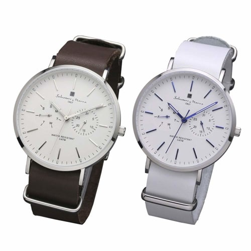 Salvatore Marra Pair Watches with Storage Box, Leather, Matching Sizes, Different Colors, SM15117-SSWHSVSM15117-SSWHBL