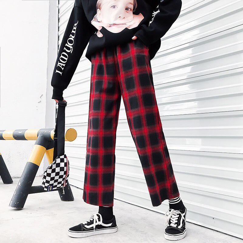 Buy Harajuku Streetwear Plaid Pants Women High Waist Loose Wide