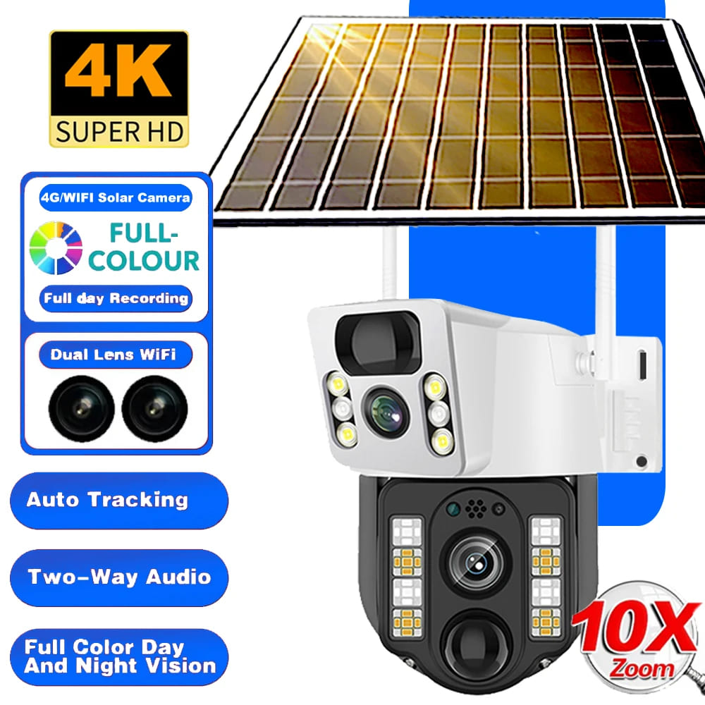 Kamera słoneczna 4K Karta SIM 4G WiFi Podwójny obiektyw 8MP HD Wizja nocna IP CCTV Nadzór PTZ PIR Wykrywanie ludzi Alarm Bezpieczeństwo Wodoodporny