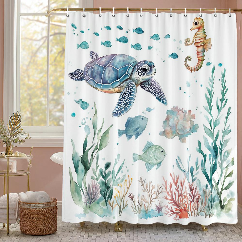 Modern Watercolour Shell Textured Ocean Blue Shower Curtain, Bathroom Decorative Shower Curtain, Printed Fabric With Hooks