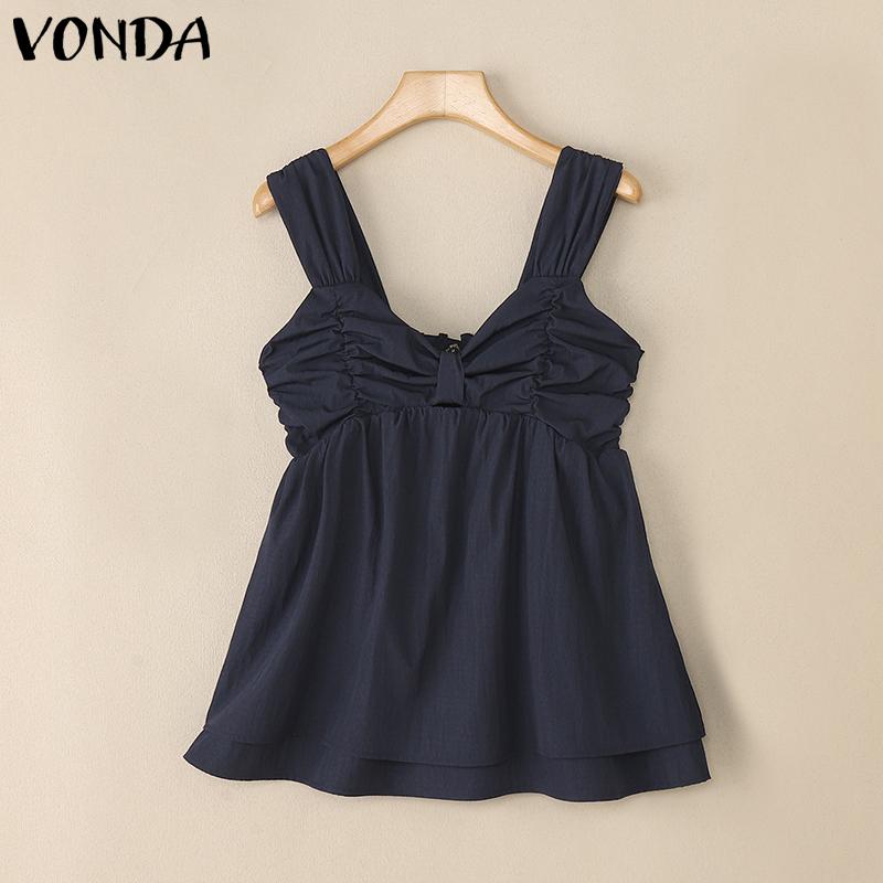 VONDA Women Strap Sleeveless Ruffled Back Elastic Casual Stretch Tank Tops