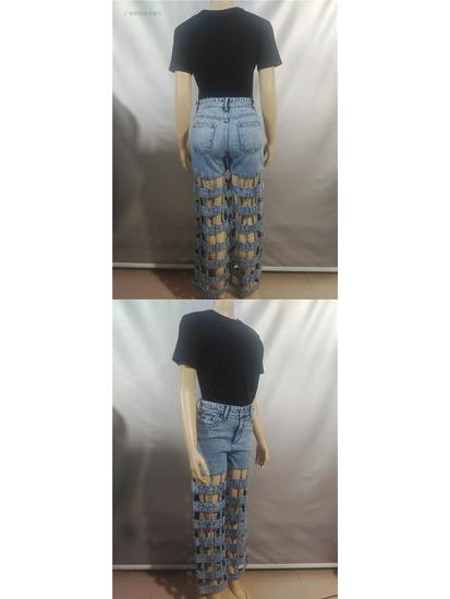 European & American Women's High-Waisted Ripped Jeans - New Street Fashion Hollow Straight-Leg Pants