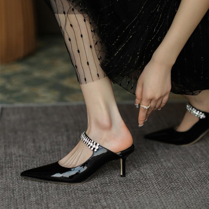 New Summer Rhinestone Glitter Sandals Women Pointed Toe Slip On Mules Flat Shoes Open Back Slippers