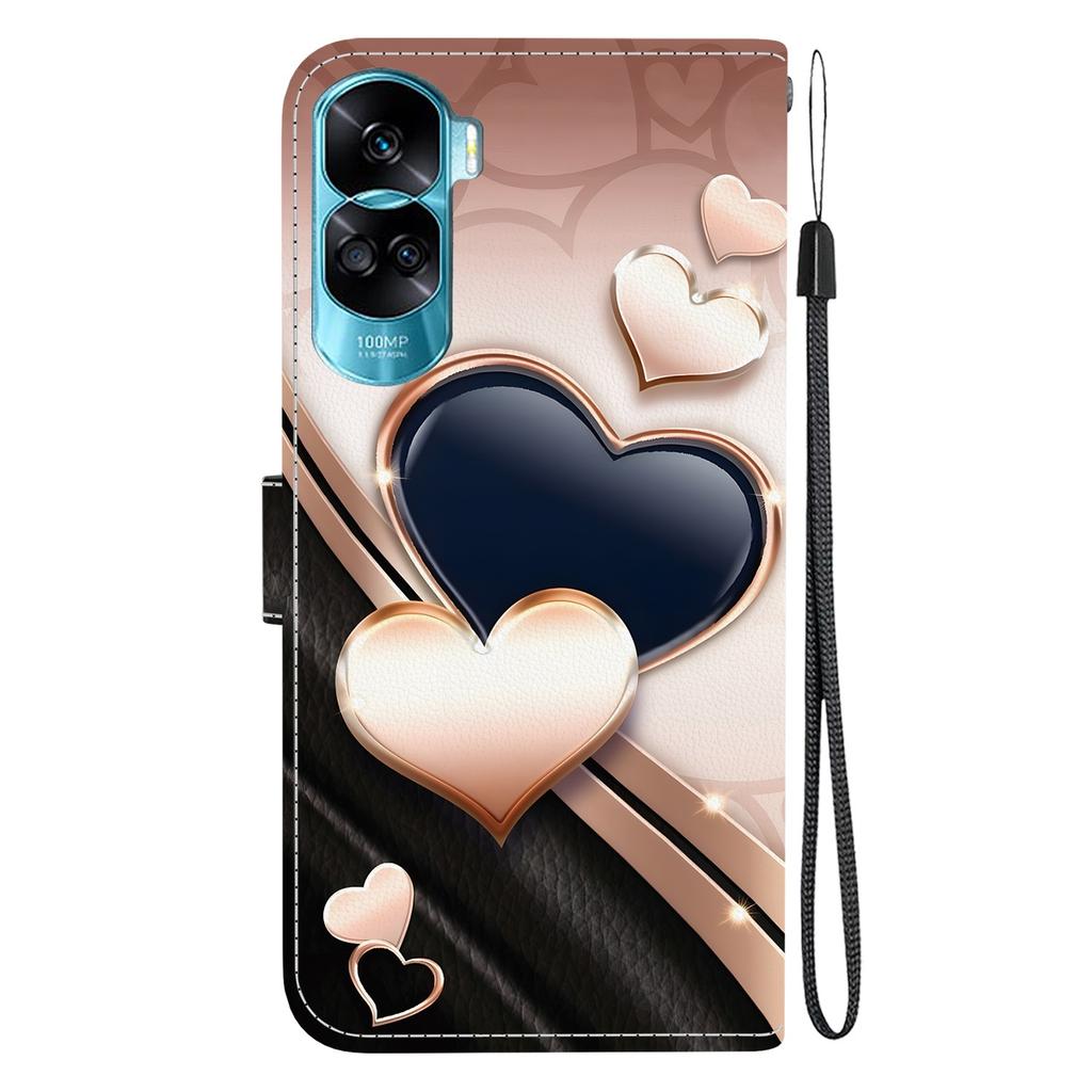 Ručně vyráběné PU kožené flipové pouzdro pro Honor 90 Lite (CRT-NX1) Protiskluzový nárazuvzdorný kryt s poutkem na zápěstí a designy srdce/růže a kočky