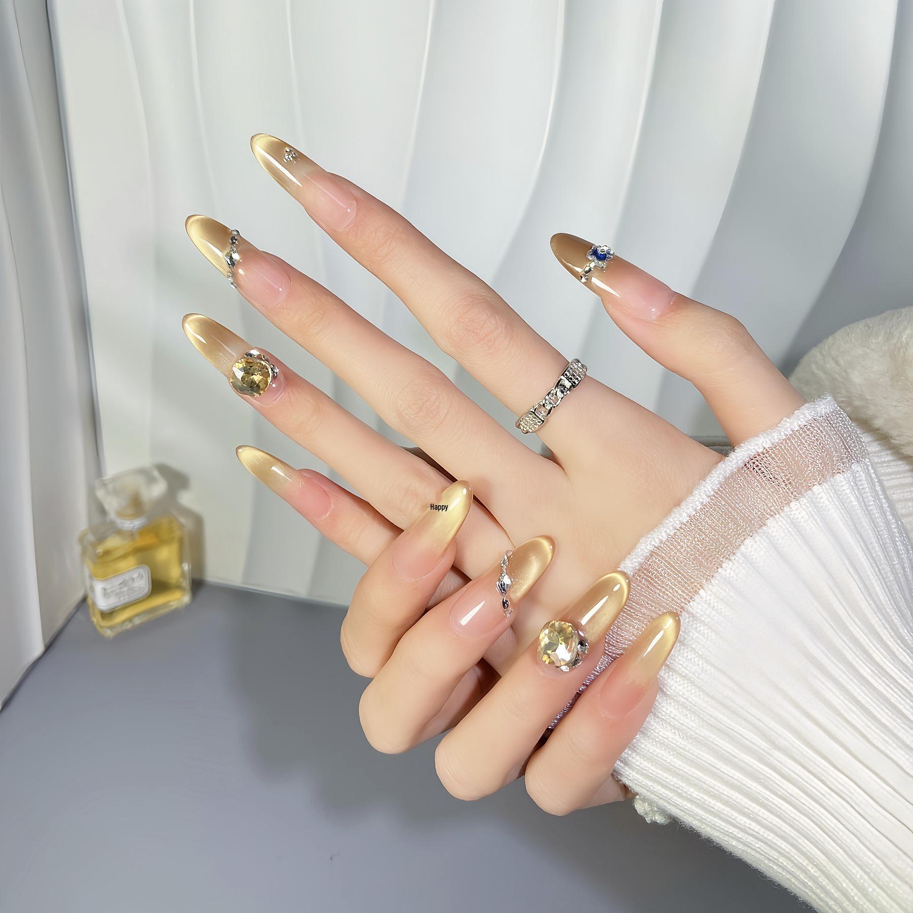 Handmade Gradient French Cat Eye Nail Art Stickers - Sparkly Gold for Spring & Summer