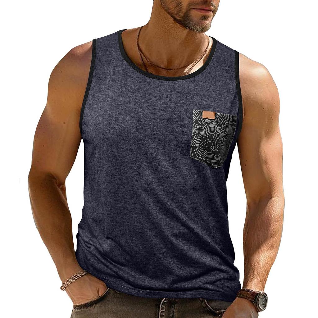 Men’s Vest Sleeveless Tops Printed Chest Pocket Summer Sports Fitness Loose Shirts