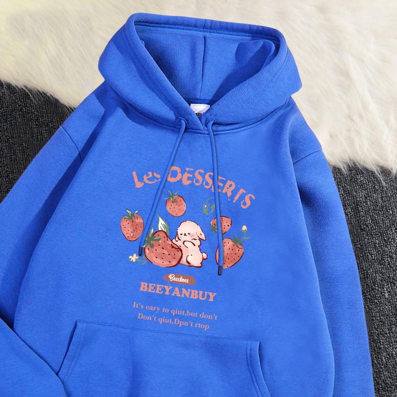 Cute Strawberry And Rabbit Printed Sweatshirt Pocket Soft Warm Breathable Pullover Autumn Winter Hoody