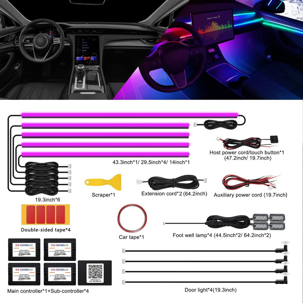 Dreamcolor Akryl Interiør Bil LED Strip Lys med APP 18 i 1 Neon Fiberoptiske Stripelys for Bil Ambient Lyssett