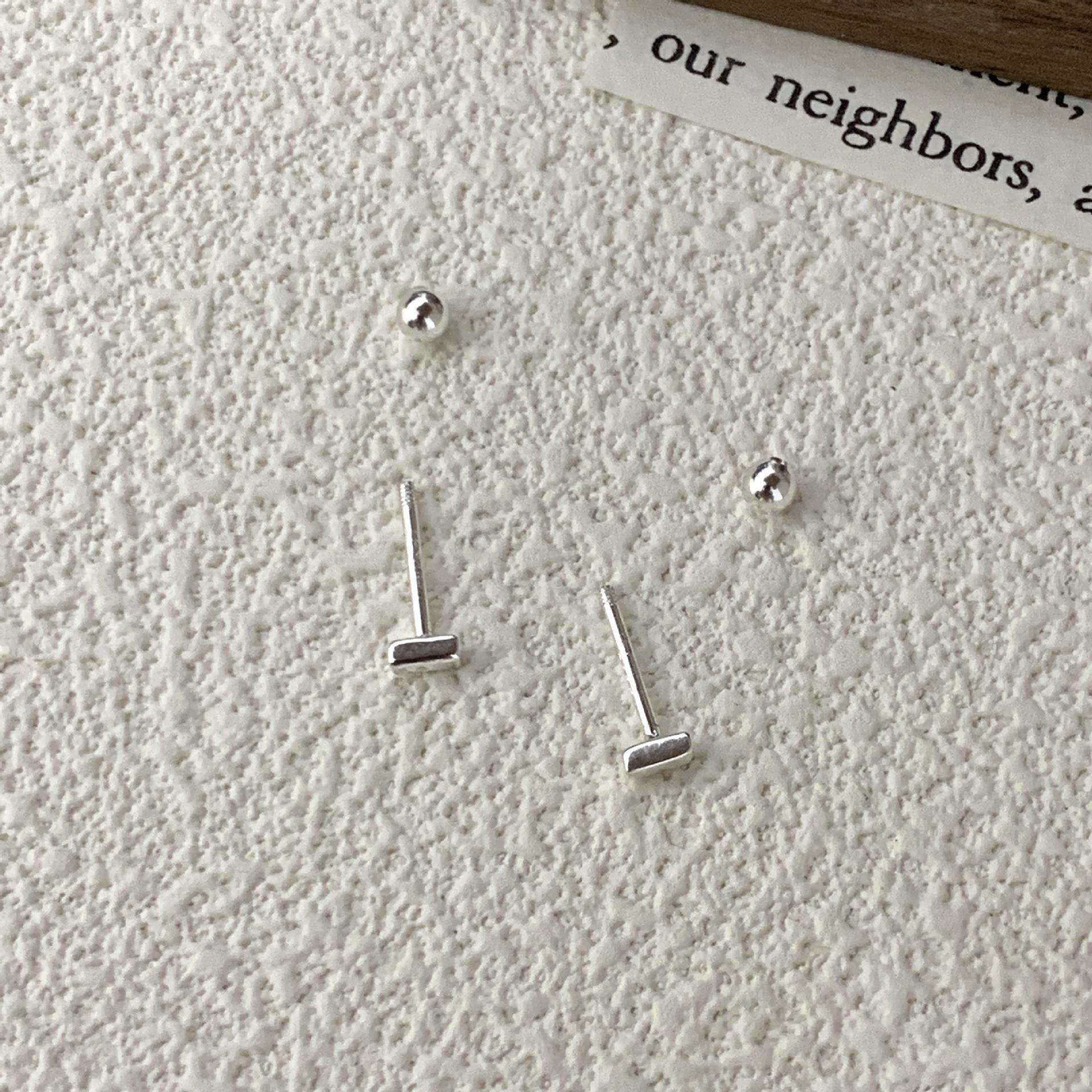 Unisex S925 Sterling Silver Geometric Square Stud Earrings with Round Bead Screw Anti-Loss Design 925 Silver
