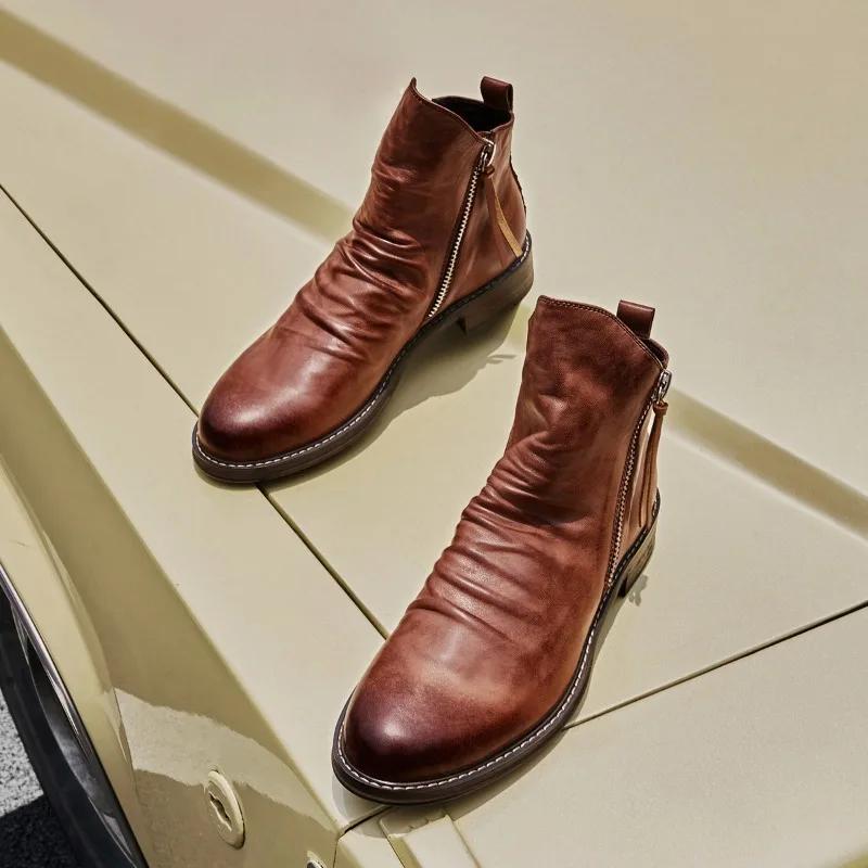 Men's Pu Boots 2024 Fashion Chelsea Boots Men's Comfortable High Top Zipper Boot Non-slip Flat Boots Men's Boot Cowboy Shoes