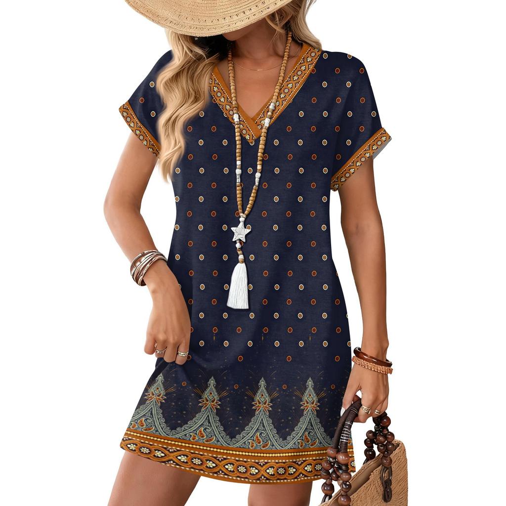 Women's Fashionable Floral Print V-neck Short Sleeved Pocket Casual Pullover Dress