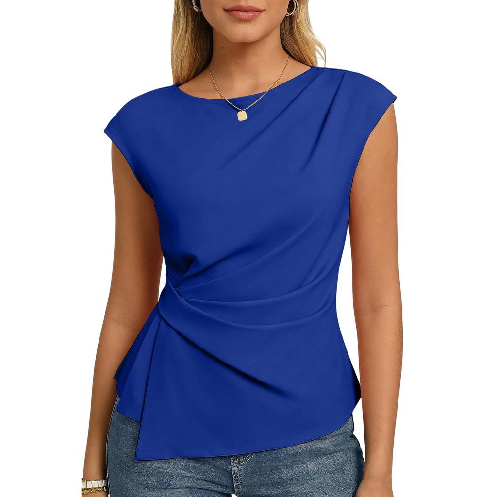 Lässiges Damen-Top, einfarbig, plissiert, Rundhalsausschnitt, Kurzarm