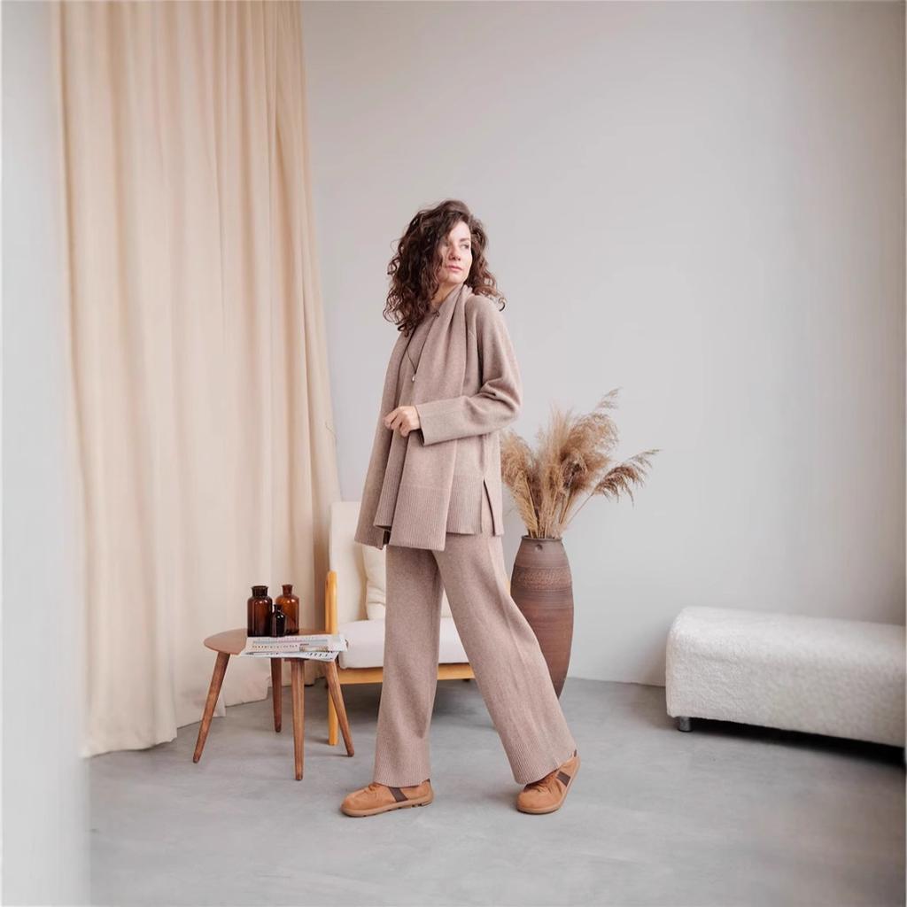 Women 3 Piece Knit Sweater Set Oversized Wide Leg Pants with Scarf Casual Fall Winter