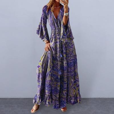 Women Maxi Dress V-neck Colorful Print Horn Sleeve High Waist Loose Hem Dress-up
