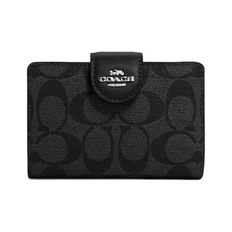 Coach Portafoglio Pieghevole in Tela Rivestita con Zip Angolare 13 Monogramma Classico Color Block Portafoglio Donna Kaki Nero C0082-SVTSQ