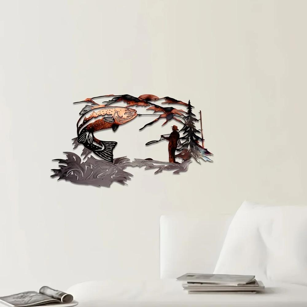 Decoração de parede de metal 3D HelloYoung, decoração de parede para caça de patos e pesca de trutas, presente, decoração de sala de estar, decoração de parede