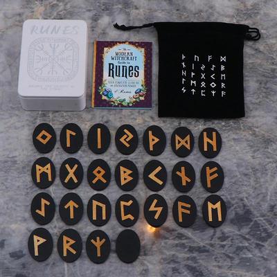 Witches Runes Set Altar Divination Tools with Manual and Storage Bag 25Pcs Wood Runes Altar Runes for Beginners Board Game