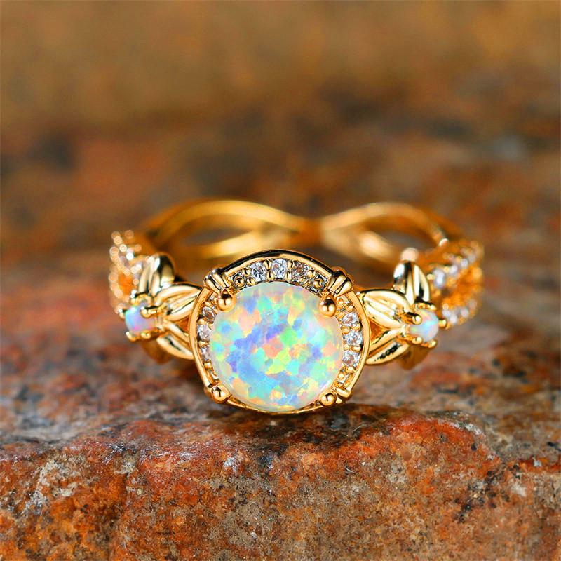 Cute Female Round White Fire Opal Stone Ring Yellow Gold Color Flower Engagement Rings For Women Charm Wedding