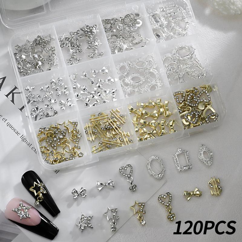 96/120Pcs 3D Gold Bow Butterfly Nail Metal Charms Shiny Bowtie/Diamond Star Diy Nail Decor Accessories Luxury Nail Art Supplies