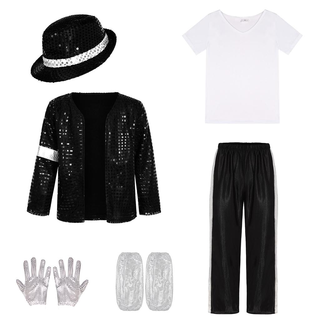 Michael Jackson Cosplay Herren 80er Retro Pailletten Tanz MJ Kostüme Performance Outfit Mit Hut Sonnenbrille Und Handschuhen Für Halloween