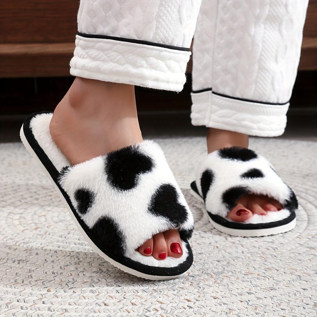 1 Pair Cozy Heart Pattern Plush Slippers, Casual Open Toe House Shoes with EVA Sole and Fabric Insole, All-Season Comfort Footwear for Men and Women