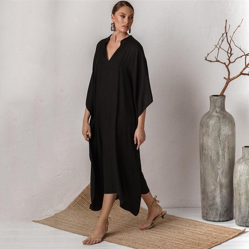 

Шелковистый халат для пляжа с глубоким V-образным вырезом: Европейский и американский пляжный халат One Size чёрный