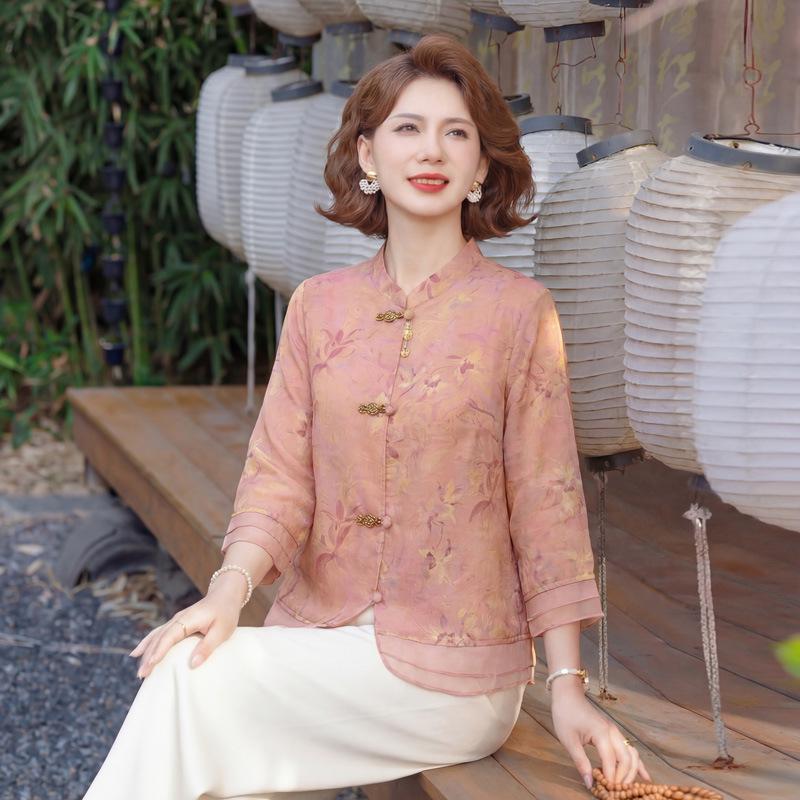 

Mom s Elegant Seven-Sleeve Summer Shirt - 2026 Chinese National Style for Middle-Aged Women XL (90-110 jin) рожевий