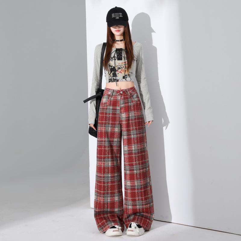 

Women s Red Plaid High-Waisted Floor-Length Wide-Leg Pants - Slimming, Straight, and Versatile for Spring 2026 XL