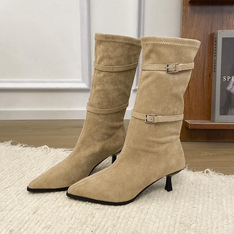 2025 Fashion Pointed Heel Suede French Skinny Short Boots Fashion Buckle Medium Tube Folds Pile Boots Black Women