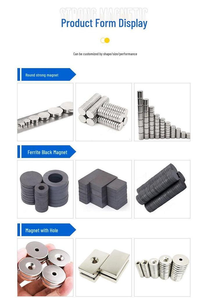 Various Shapes Permanent and Ferrite Magnet Samples: Rectangular, Round, Black